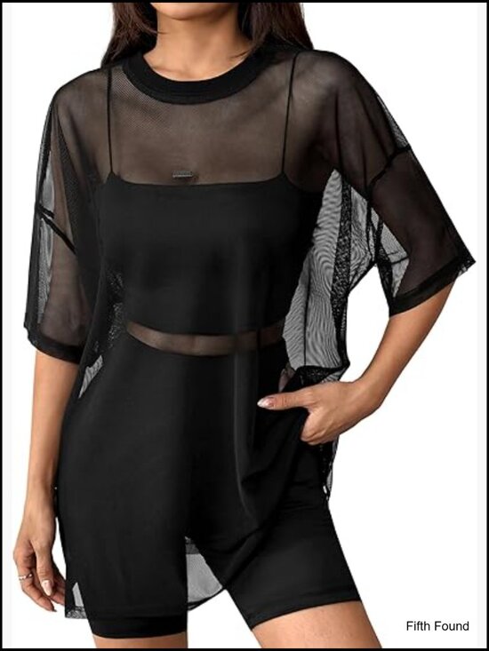 Tops - Sheer Mesh Oversized T-Shirt Short Sleeve Crew Neck Loose Fit See Through Tee